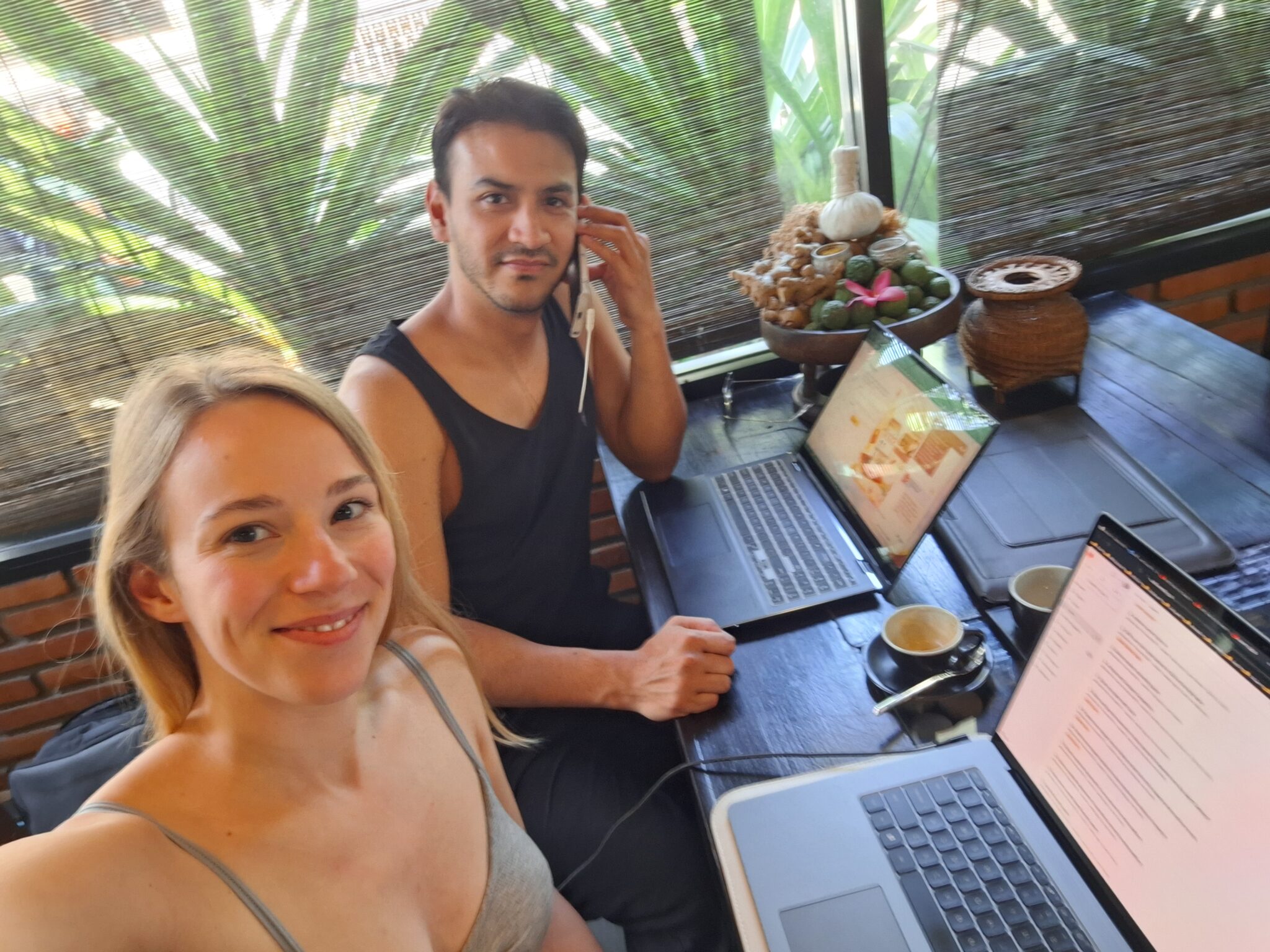 Lyne & Arturo - Working remotely from a coffee shop in Thailand